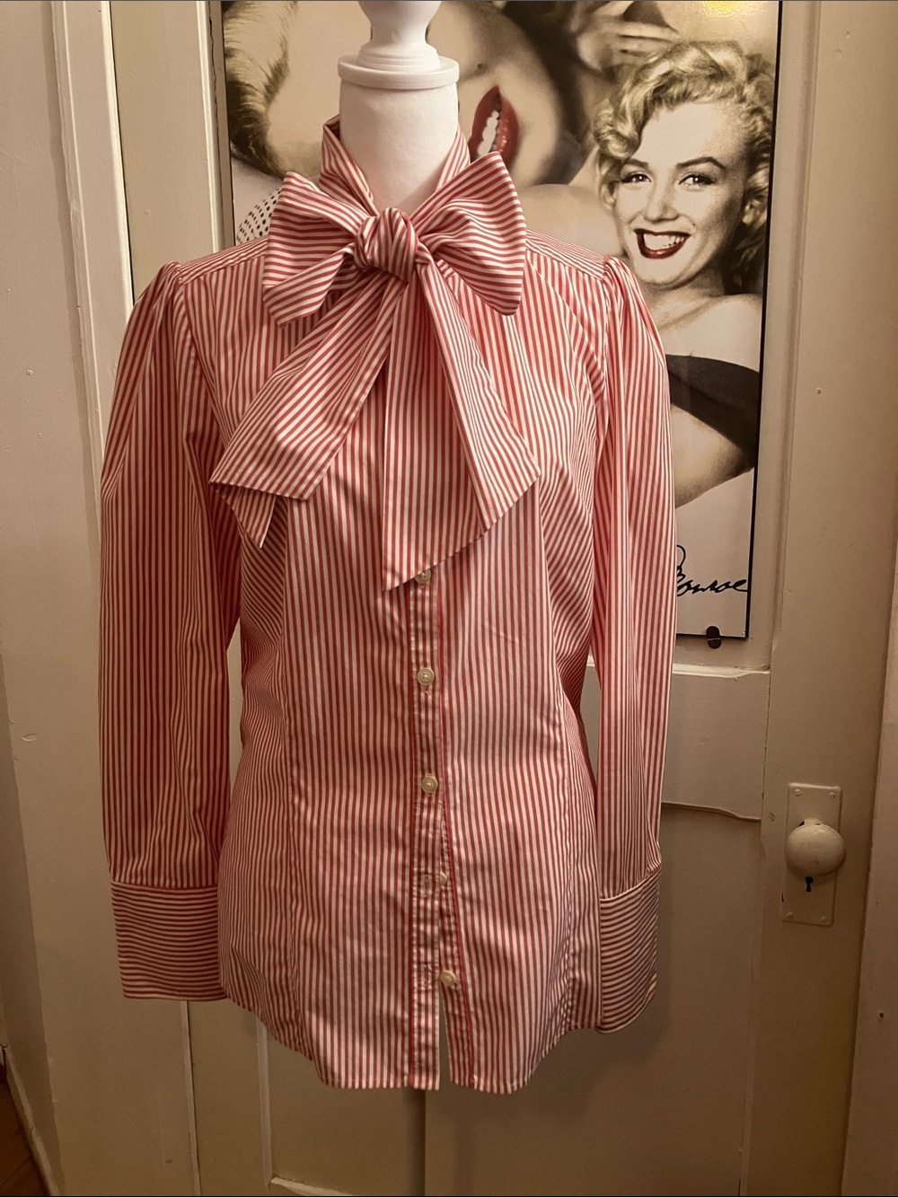 Striped Red Bow-Tie Button-Front Women's Blouse marked as large fits smal